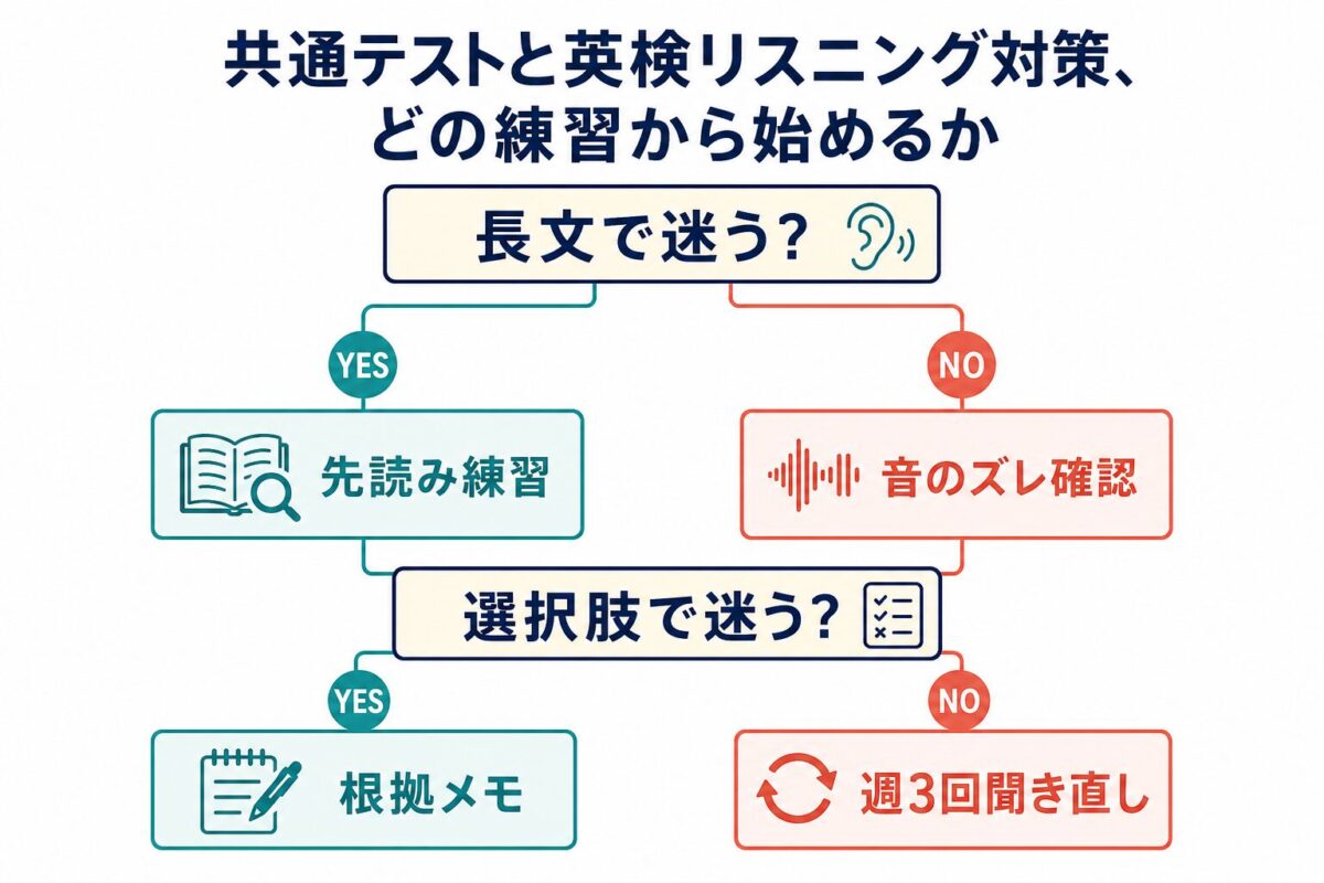 長文で迷うか選択肢で迷うかによって先読み、音のズレ確認、根拠メモ、聞き直しを選ぶリスニング練習の決め方