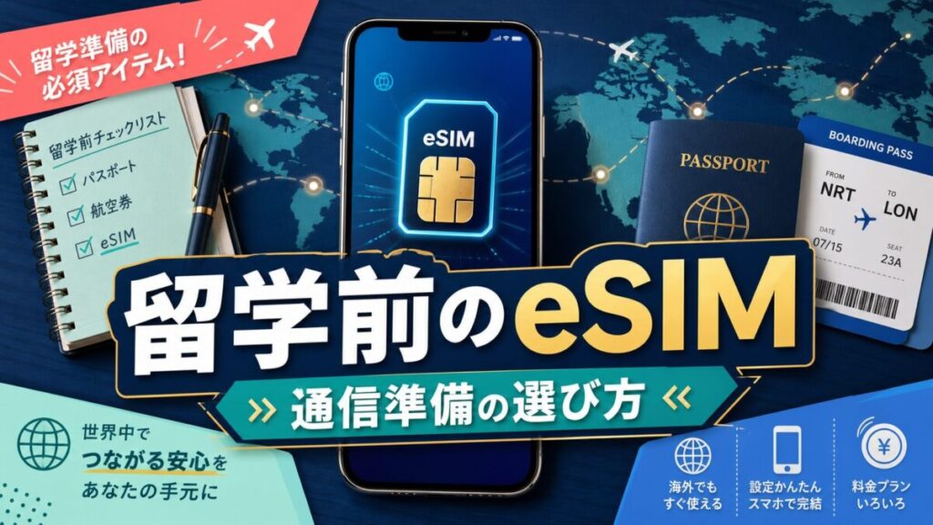 留学前のeSIM選びと通信準備を表すスマートフォンと旅支度のサムネイル