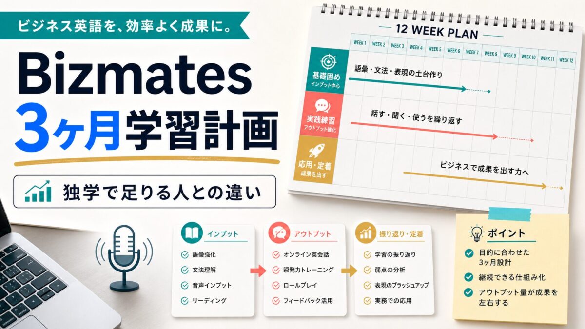 Bizmatesの3ヶ月学習計画と独学で足りる人との違いを示したサムネイル