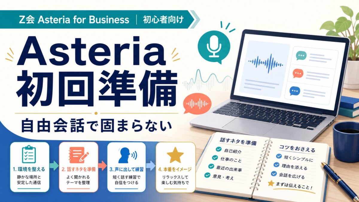 Asteria for Businessの初回準備と自由会話で固まらないポイントを示すサムネイル