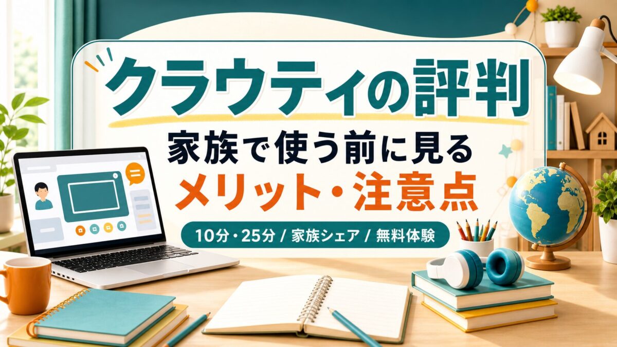クラウティの評判を家族利用、10分25分、家族シェア、無料体験の観点で整理するAI生成アイキャッチ画像