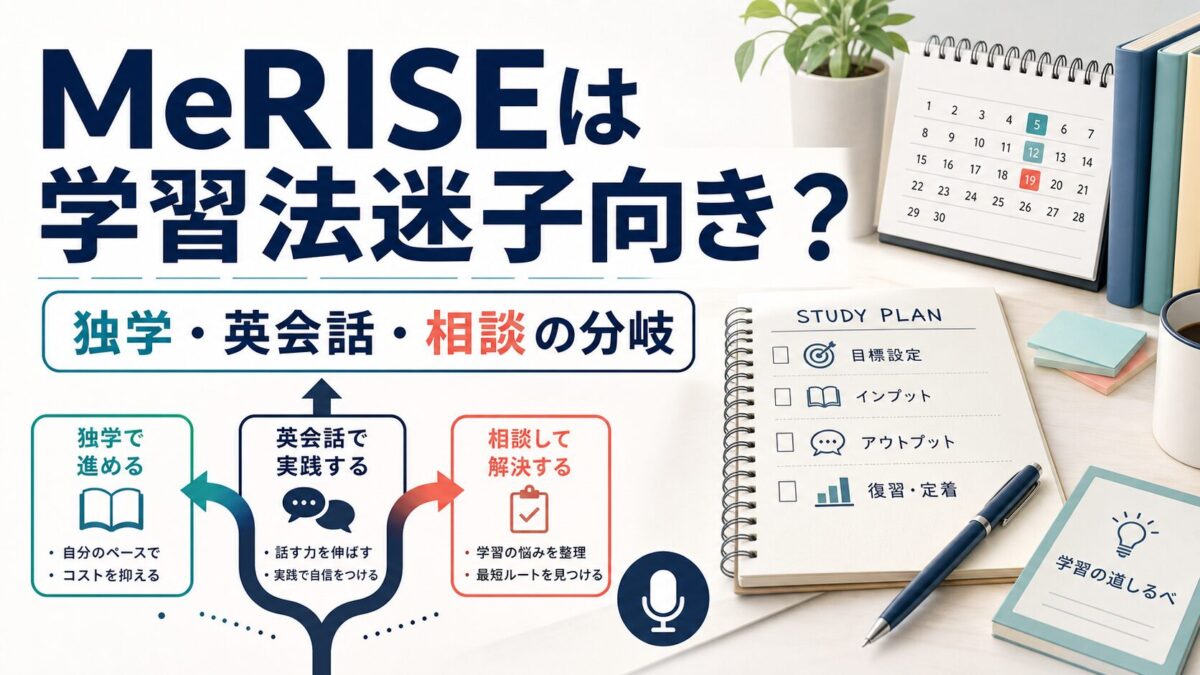 MeRISEは学習法迷子向きかを独学・英会話・相談の分岐で示すアイキャッチ