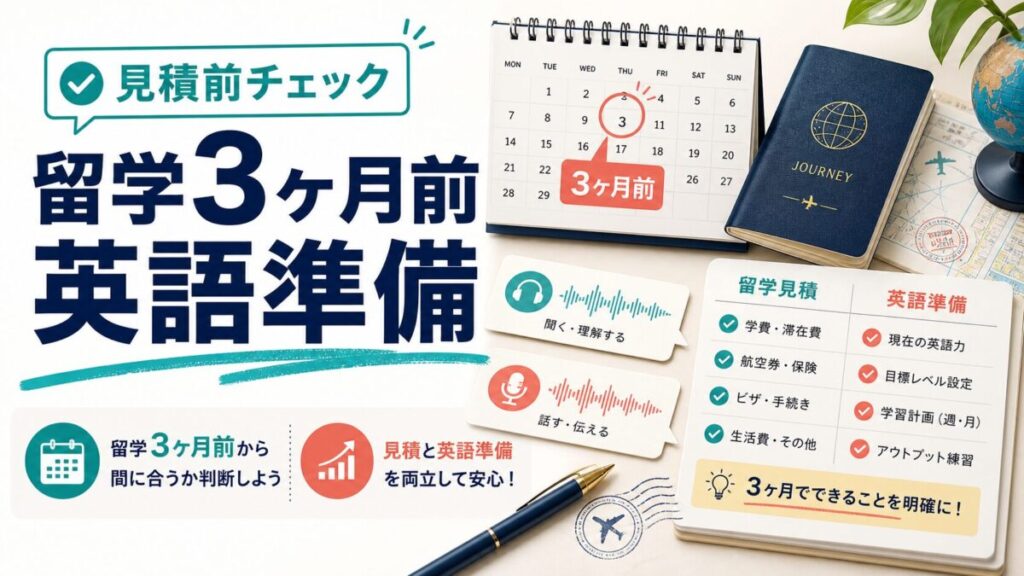 留学3ヶ月前の英語準備と留学見積前チェックを示すサムネイル