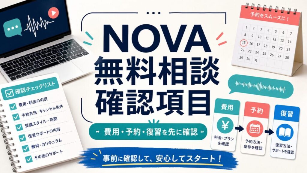 NOVAの無料相談前に確認する費用、予約、復習の質問リストを示すサムネイル