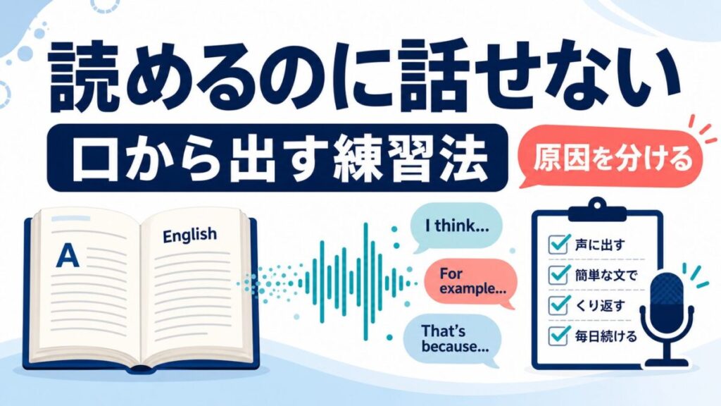 英語は読めるのに話せない原因と口から出す練習法を示すサムネイル