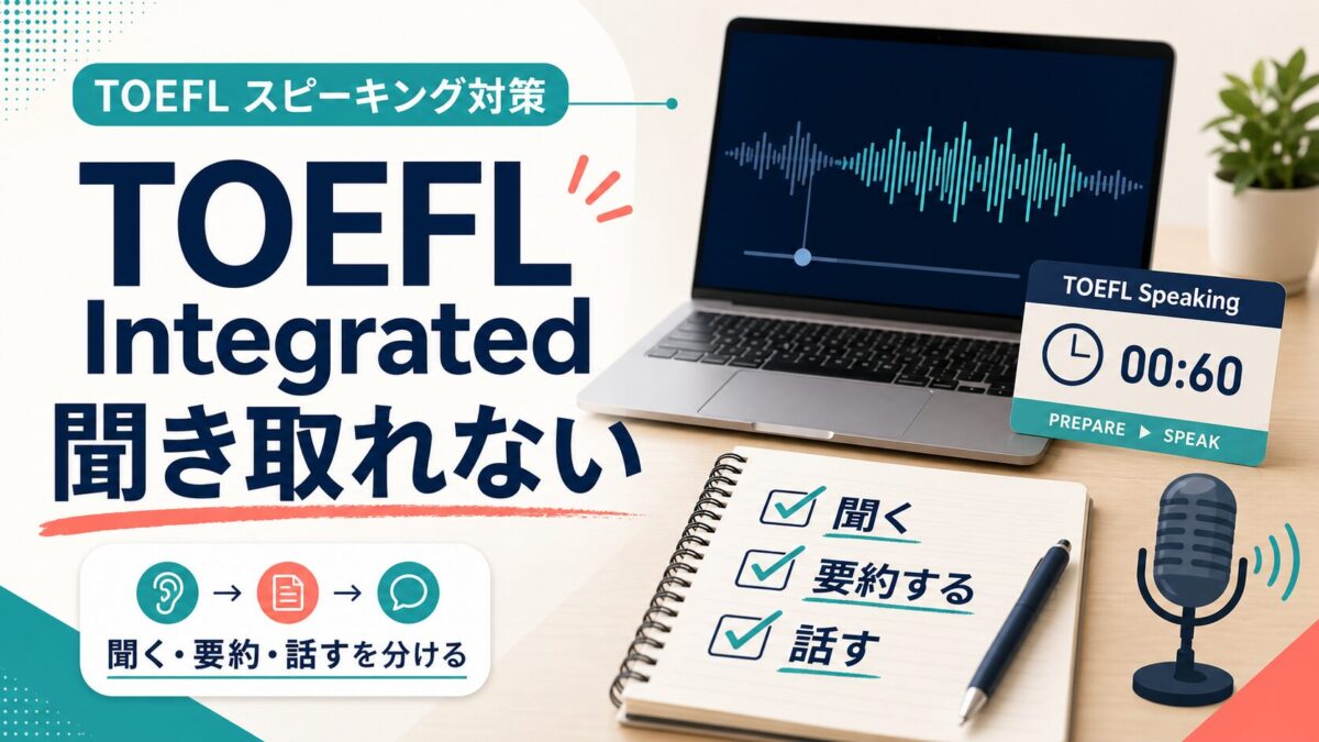 TOEFL Speaking Integratedが聞き取れない時の練習法を示すアイキャッチ画像