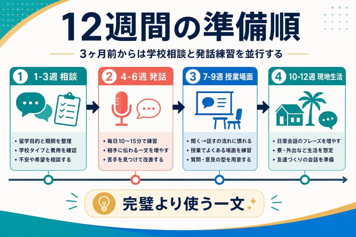フィリピン留学3ヶ月前から学校相談と発話練習を並行する12週間準備図解