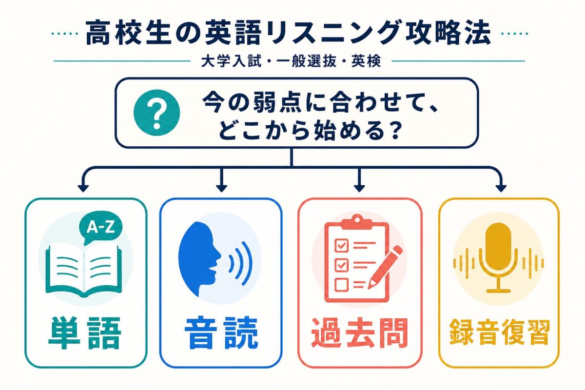 リスニングの弱点に合わせて単語、音読、過去問、録音復習のどこから始めるかを選ぶ図解