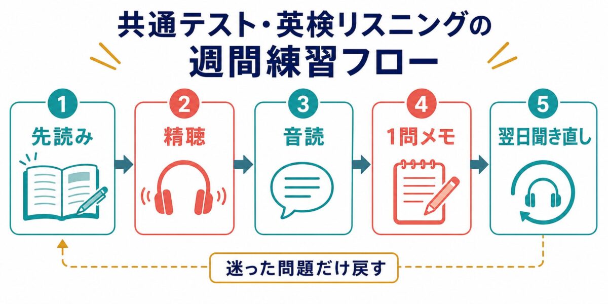 共通テストと英検リスニングを先読み、精聴、音読、メモ、翌日聞き直しで回す週間練習フロー
