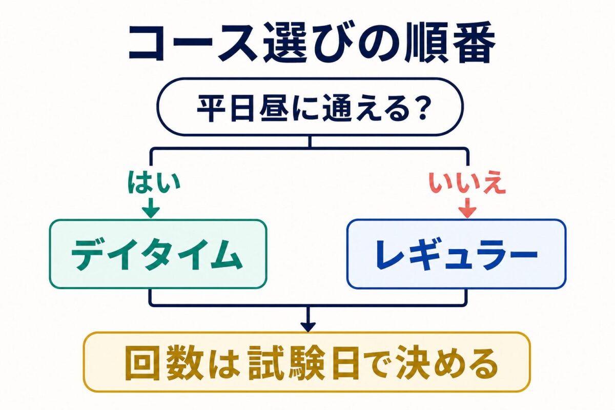 平日昼に通えるかでデイタイムとレギュラーを選ぶEYE Englishの判断図