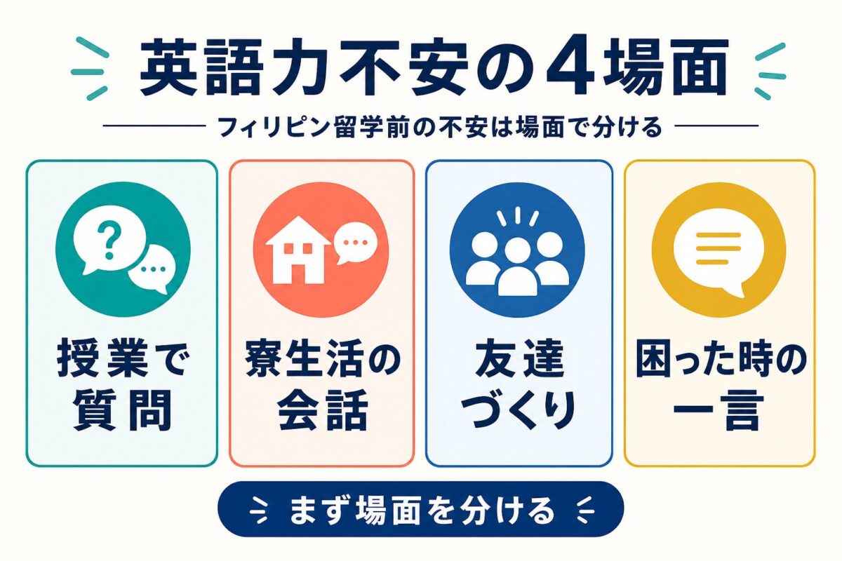フィリピン留学前の英語力不安を授業、寮生活、友達作り、困った時に分ける図解