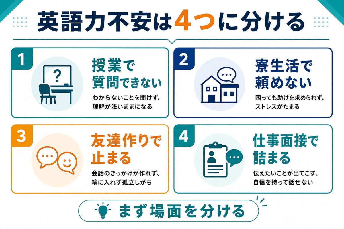 フィリピン留学前の英語力不安を授業、寮生活、友達作り、仕事面接に分ける図解