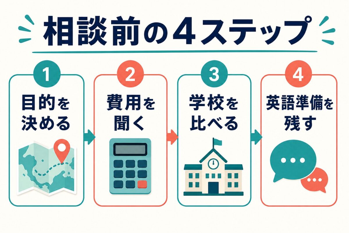 留学村の無料相談前に目的、費用、学校、英語準備を整理する4ステップ図解