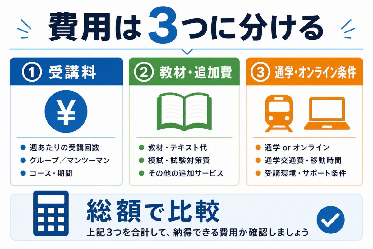 ブラスト英語学院の費用を受講料・教材追加費・通学オンライン条件に分ける図解