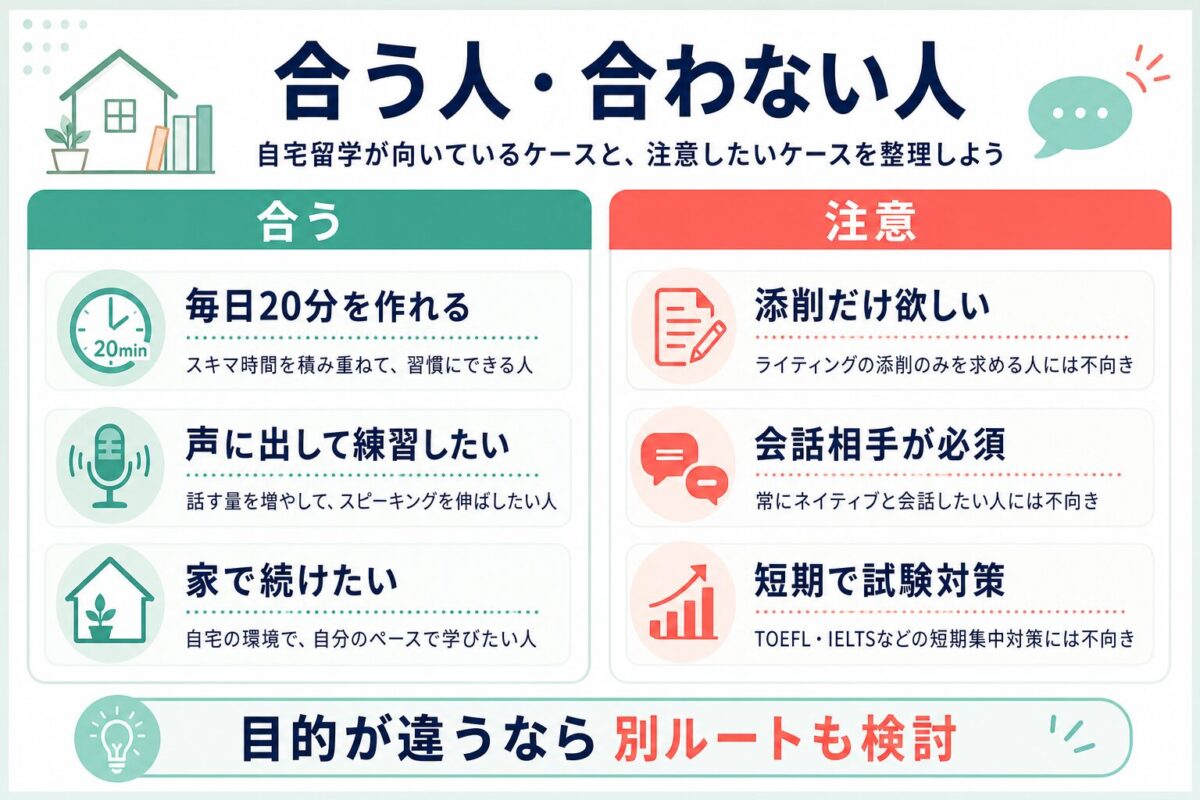 大人のための自宅留学が合う人と注意したい人を比較する図