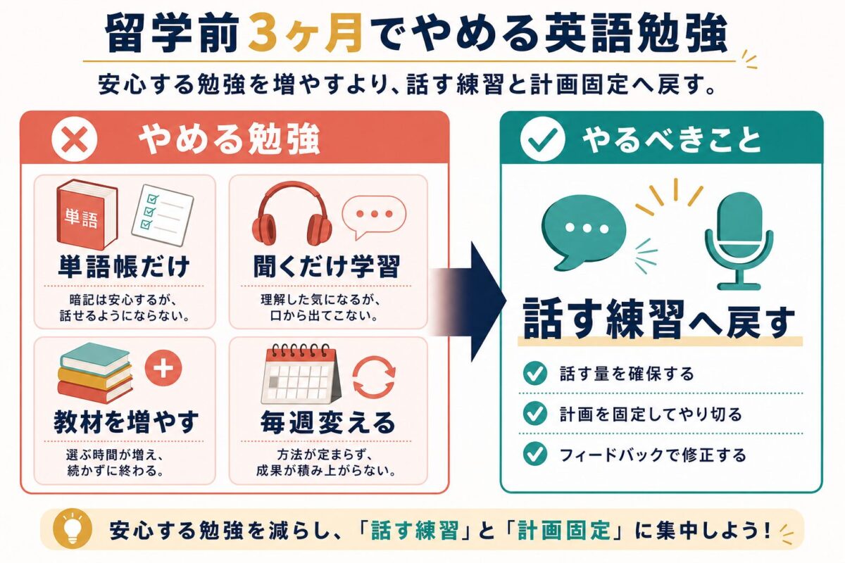 留学前3ヶ月でやめる勉強と話す練習へ戻す流れの図解