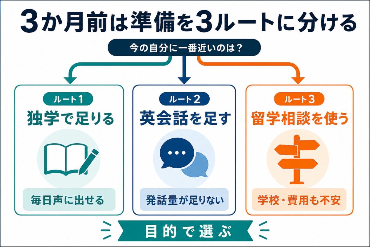 フィリピン留学3か月前の英語準備を独学、英会話、留学相談に分ける図解