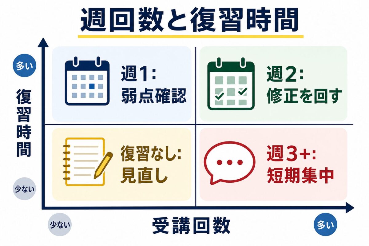 ブラスト英語学院の受講回数と復習時間を組み合わせて判断するマトリクス図解