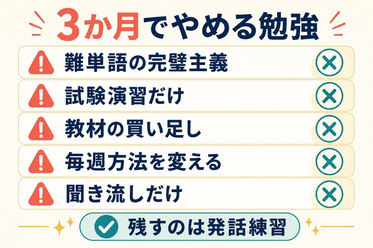 フィリピン留学3か月前にやめる勉強を示すチェックリスト図解