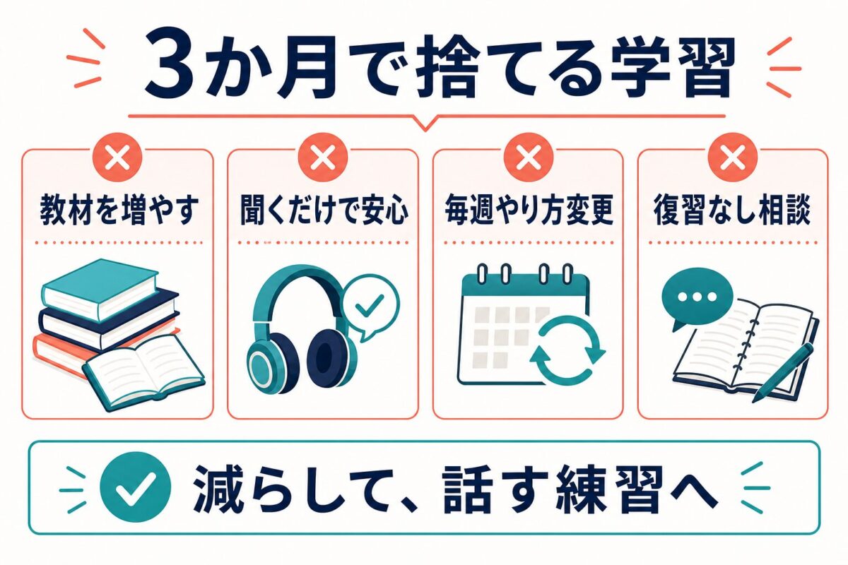 3か月で捨てる学習と話す練習へ寄せる判断を示した図解