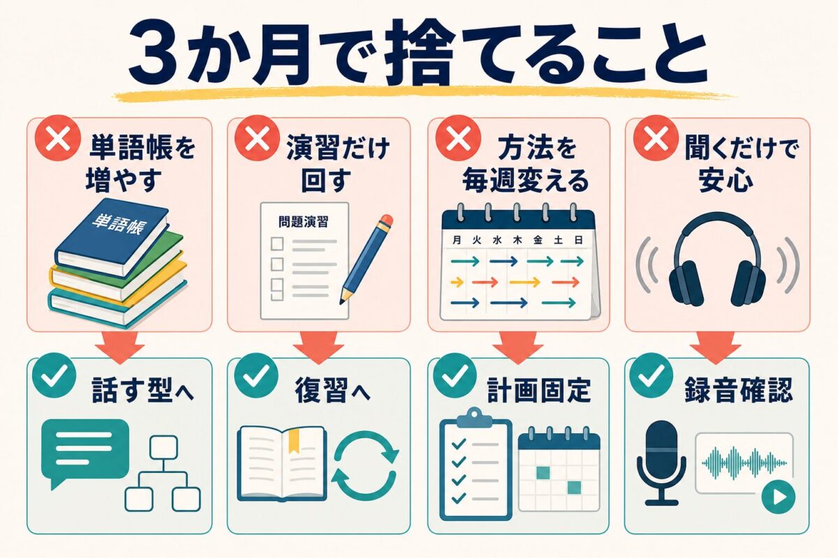 TOEFL IELTS対策で3か月以内に捨てる学習と直す行動を示した図解