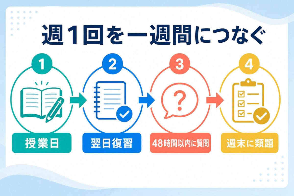 ENGLISH-Xの週1回授業を質問と復習につなげる一週間の流れ