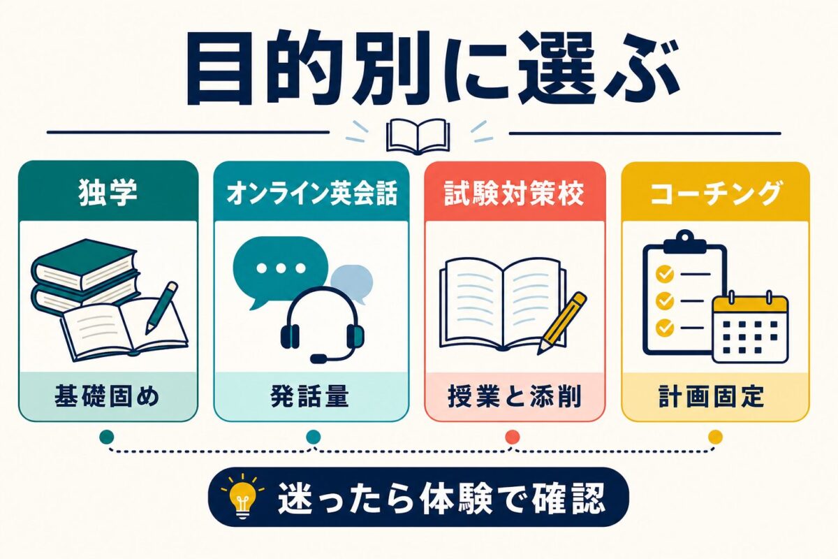 独学 オンライン英会話 試験対策校 コーチングの目的別選び分け図