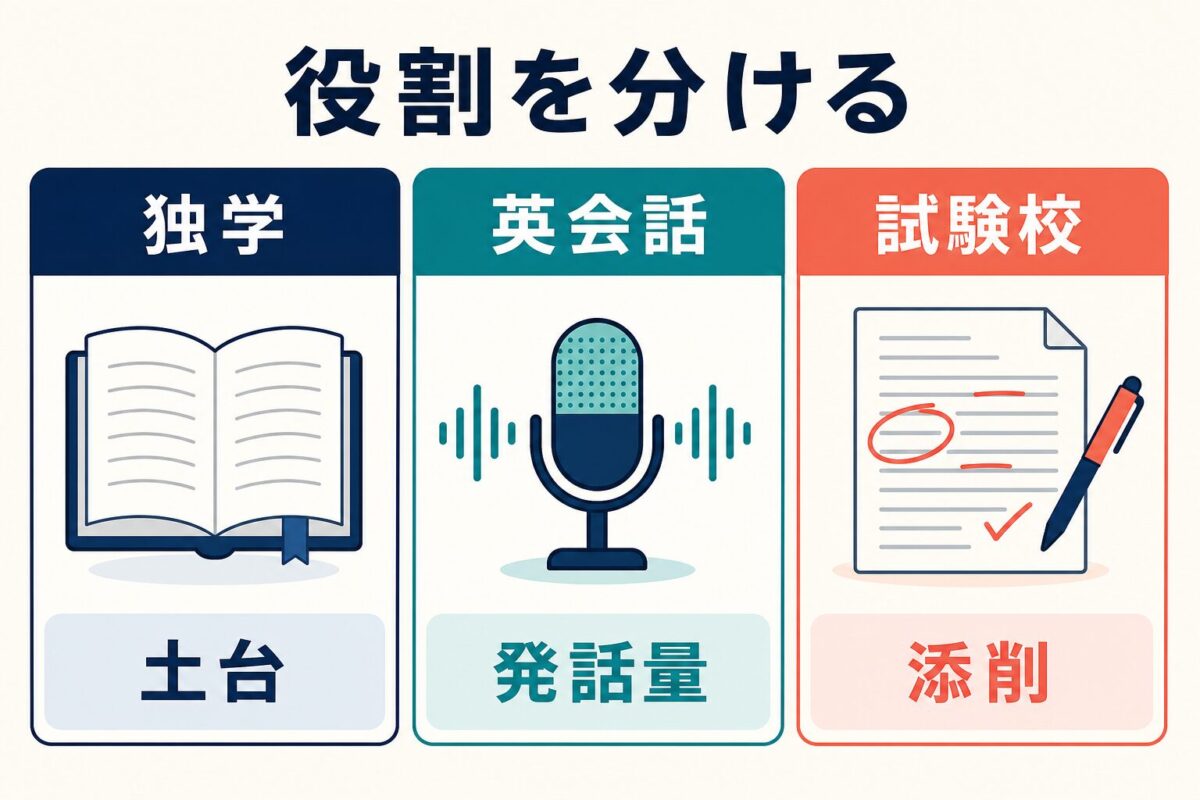 独学オンライン英会話試験対策校の役割を分ける図解