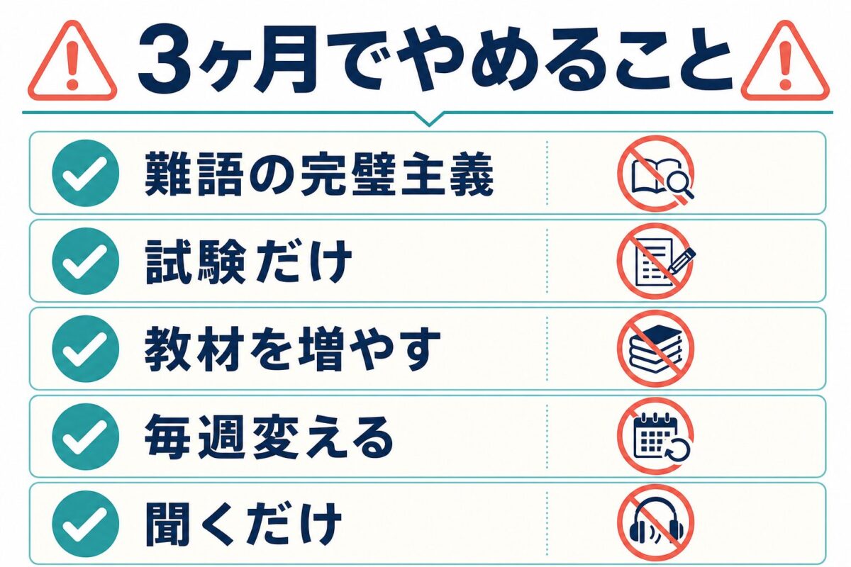 3ヶ月の英語学習でやめる5つの行動を示したチェックリスト