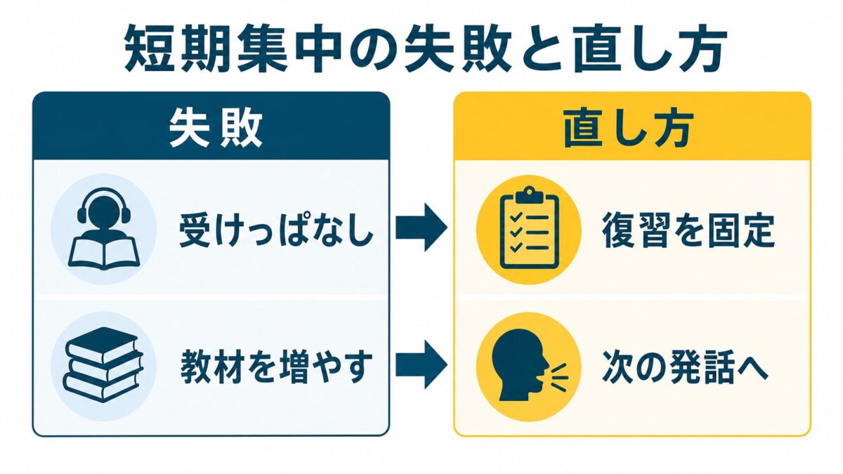 短期集中英語コーチングで受けっぱなしや教材追加を復習固定と次の発話に直す図解