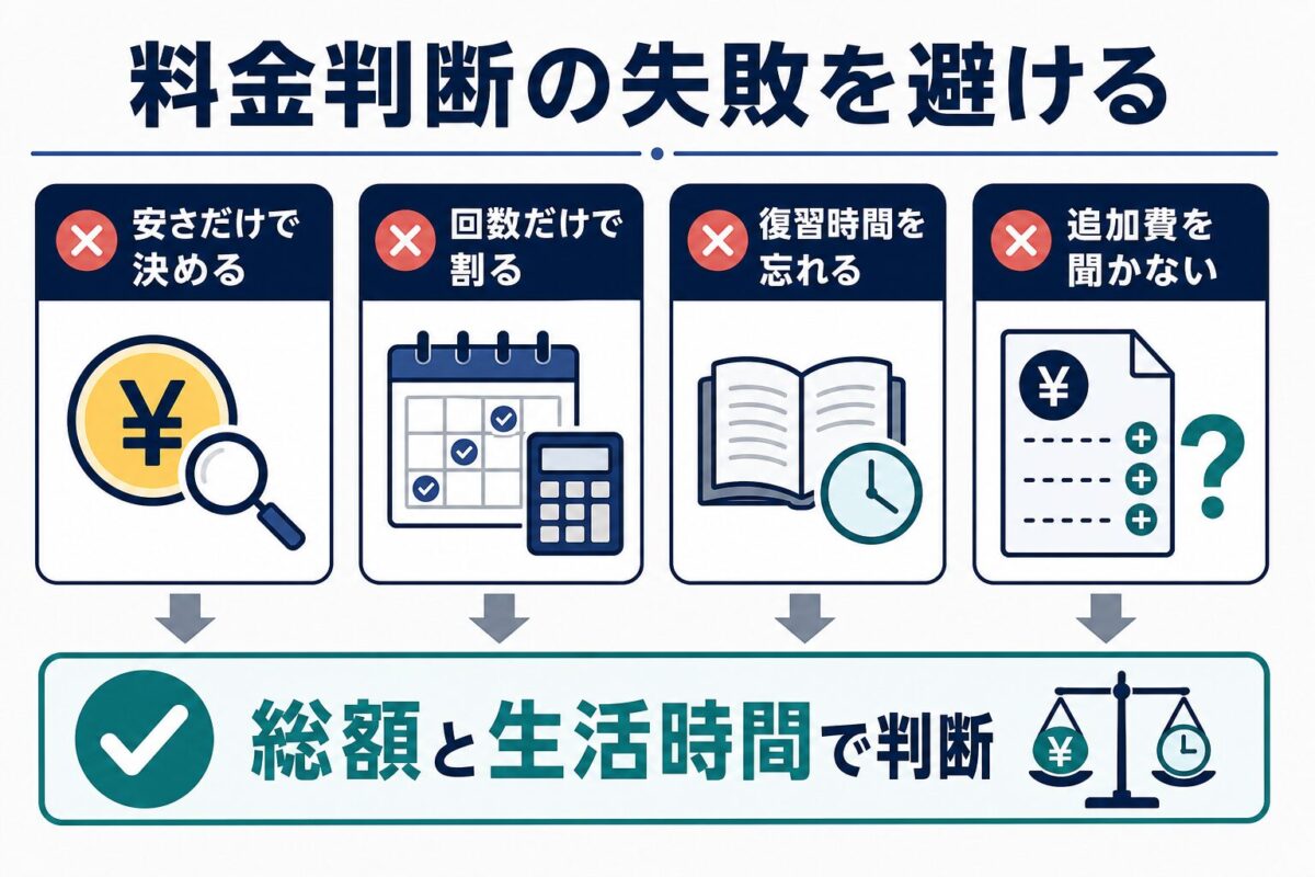 ブラスト英語学院の料金判断で安さだけ・回数だけ・復習時間忘れ・追加費未確認を避ける図解