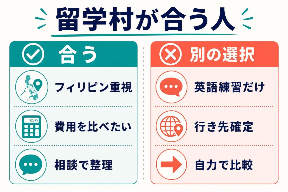 留学村が合う人と別の選択を先に考える人を分ける図解