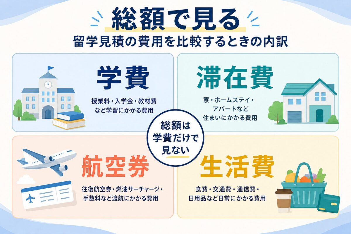 留学見積の総額を学費・滞在費・航空券・生活費に分ける図解