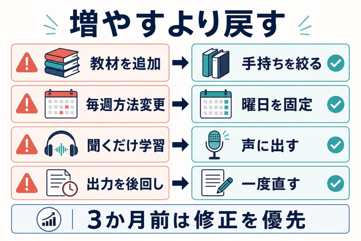 TOEFL前に教材追加、方法変更、聞くだけ学習、出力後回しをやめて修正する図解