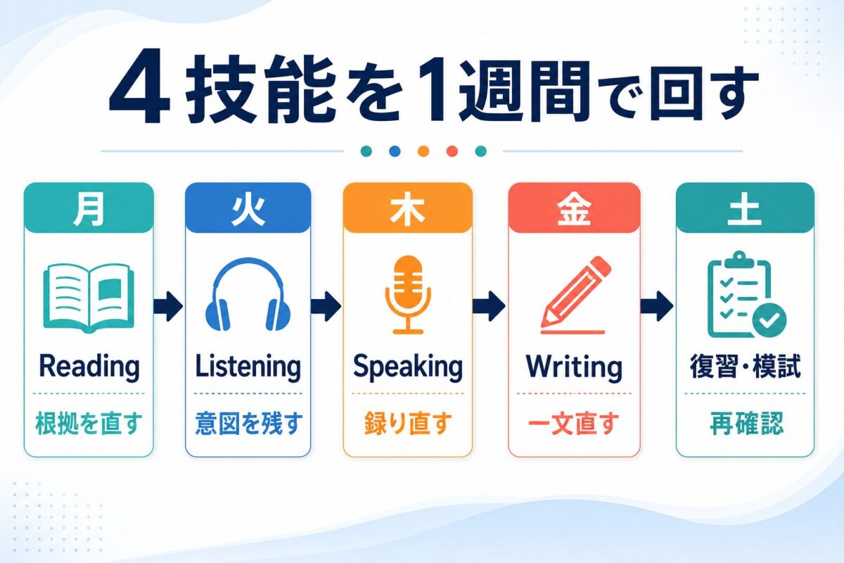 Santa AI TOEFLでReading、Listening、Speaking、Writing、復習を1週間に分ける学習タイムライン
