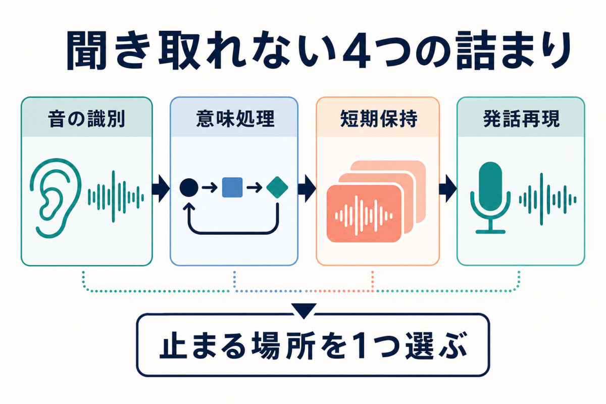 TOEFL Speakingで聞き取れない原因を音の識別、意味処理、短期保持、発話再現の4つに分ける図解
