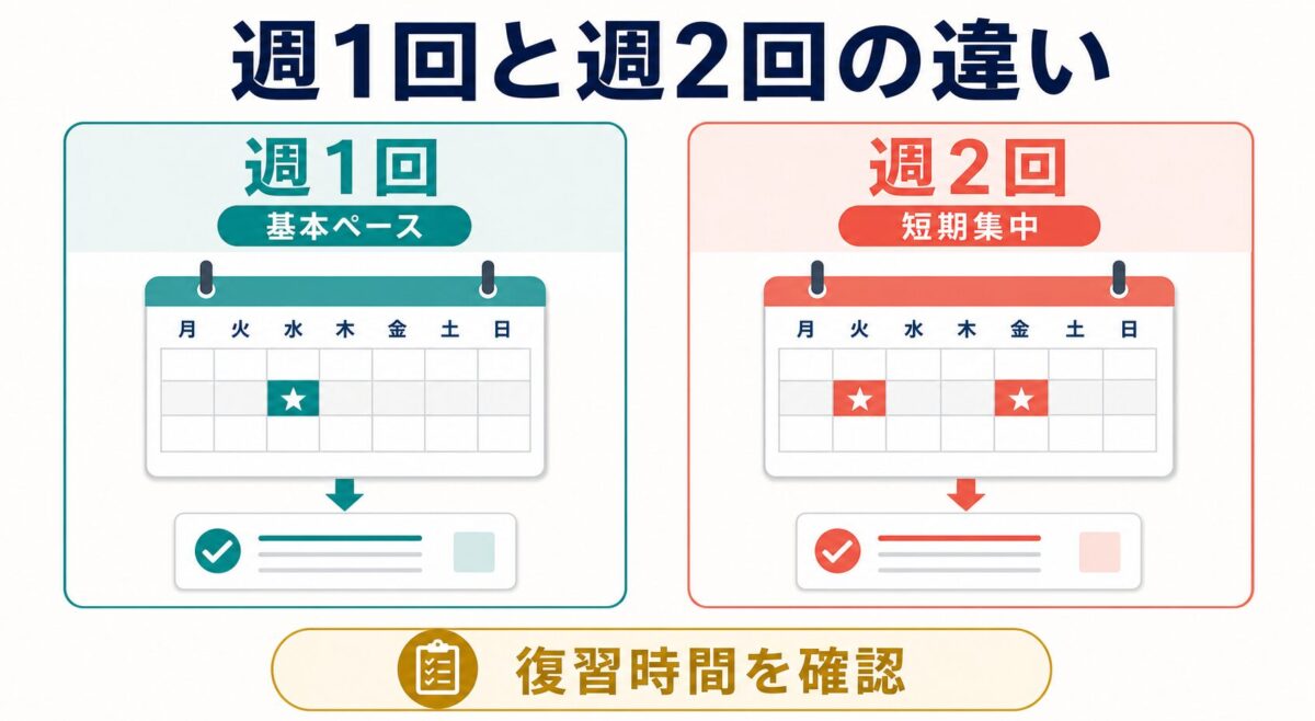 EYE Englishを週1回と週2回で受講する違いを復習時間とともに比べた図解