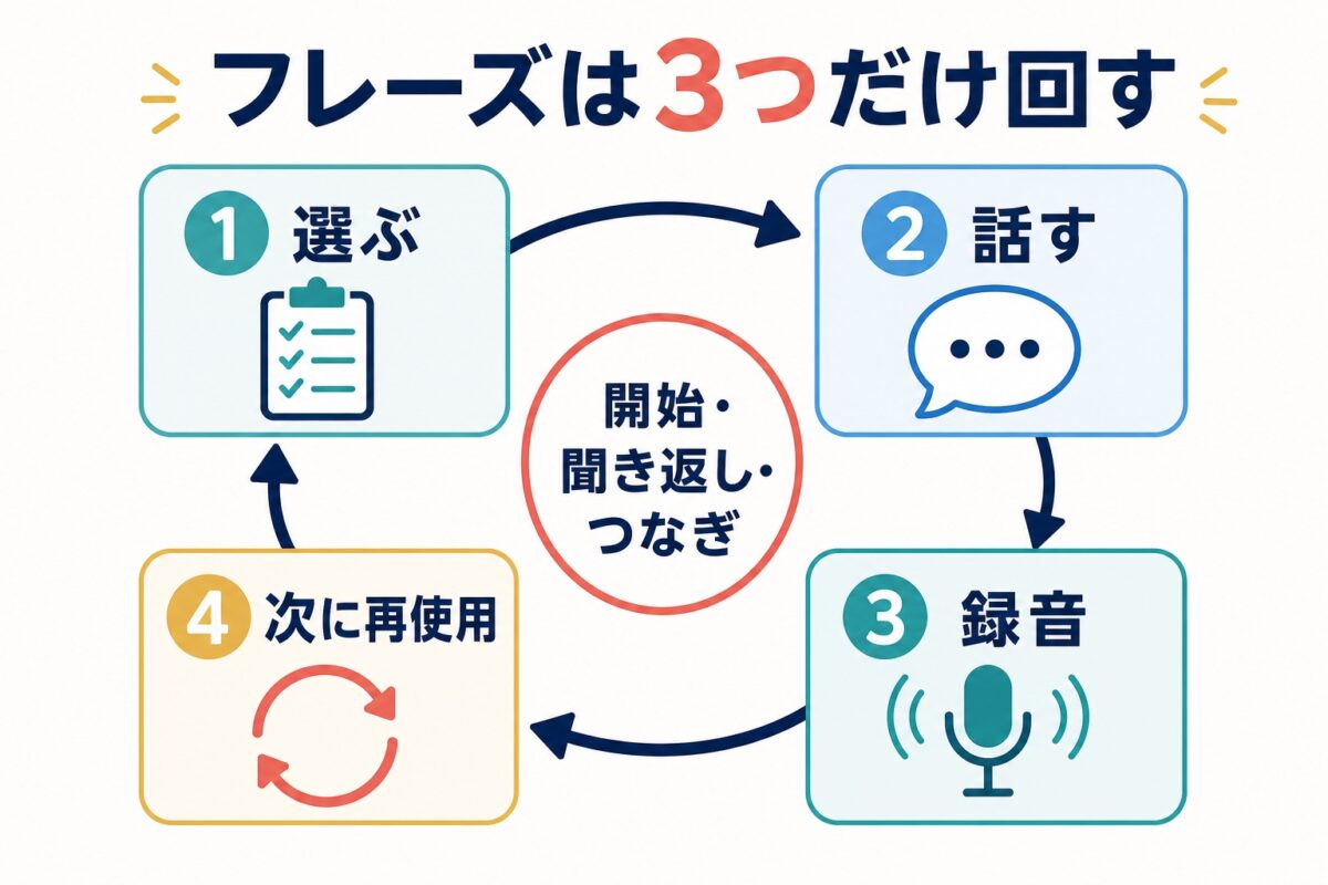 英語スピーキングフレーズを3つ選び、話す、録音する、次に再使用する練習ループ