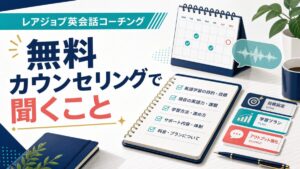 レアジョブ英会話コーチングの無料カウンセリングで聞くことを示すチェックリスト型サムネイル