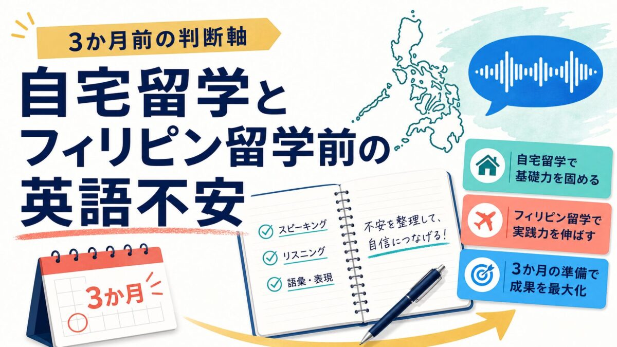 大人のための自宅留学とフィリピン留学前の英語力不安を示すサムネイル