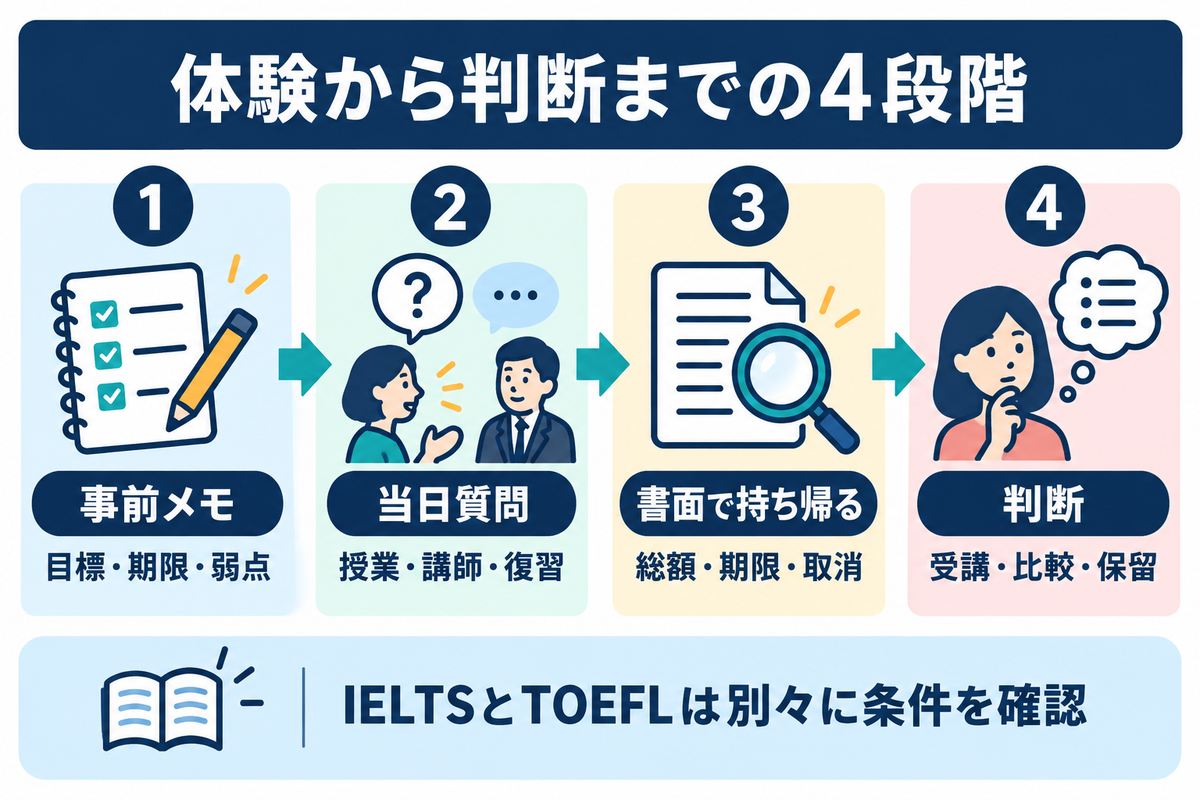 事前メモ、当日質問、書面の持ち帰りを経て、受講・比較・保留を判断する4段階