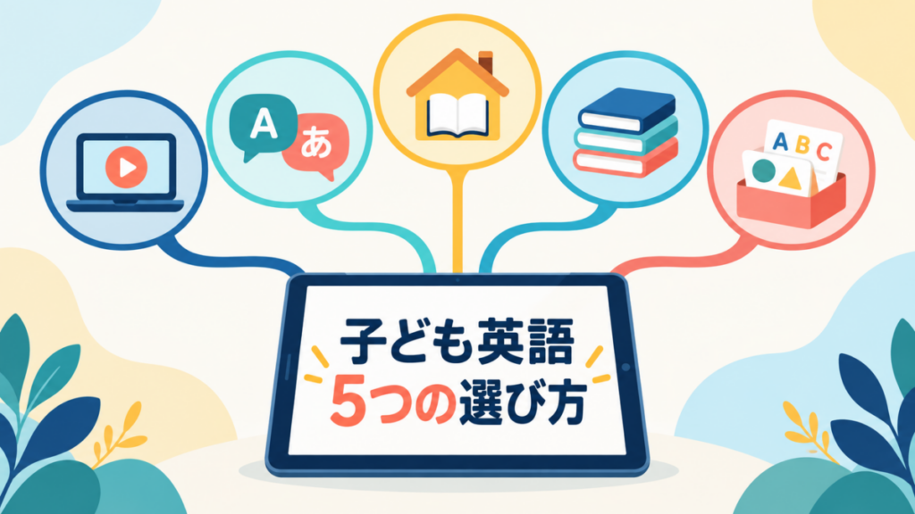 子ども向け英語サービスを、オンラインレッスン、バイリンガル支援、家庭学習など5つの形で比べる図