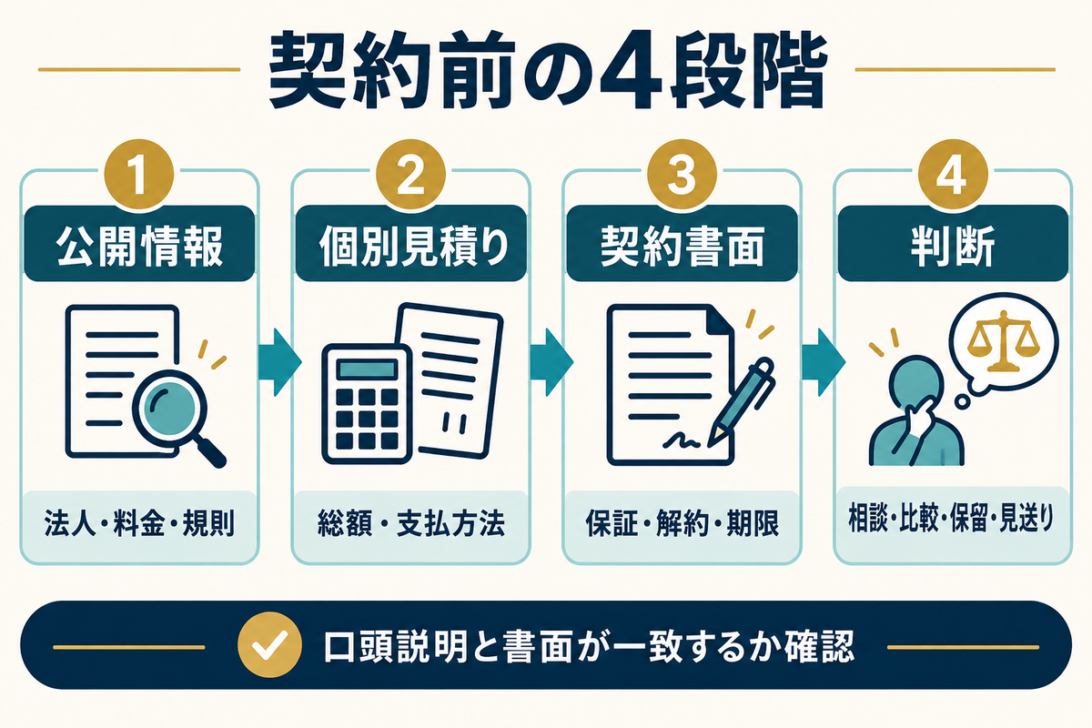 公開情報、個別見積り、契約書面を確認して相談・比較・保留・見送りを判断する4段階