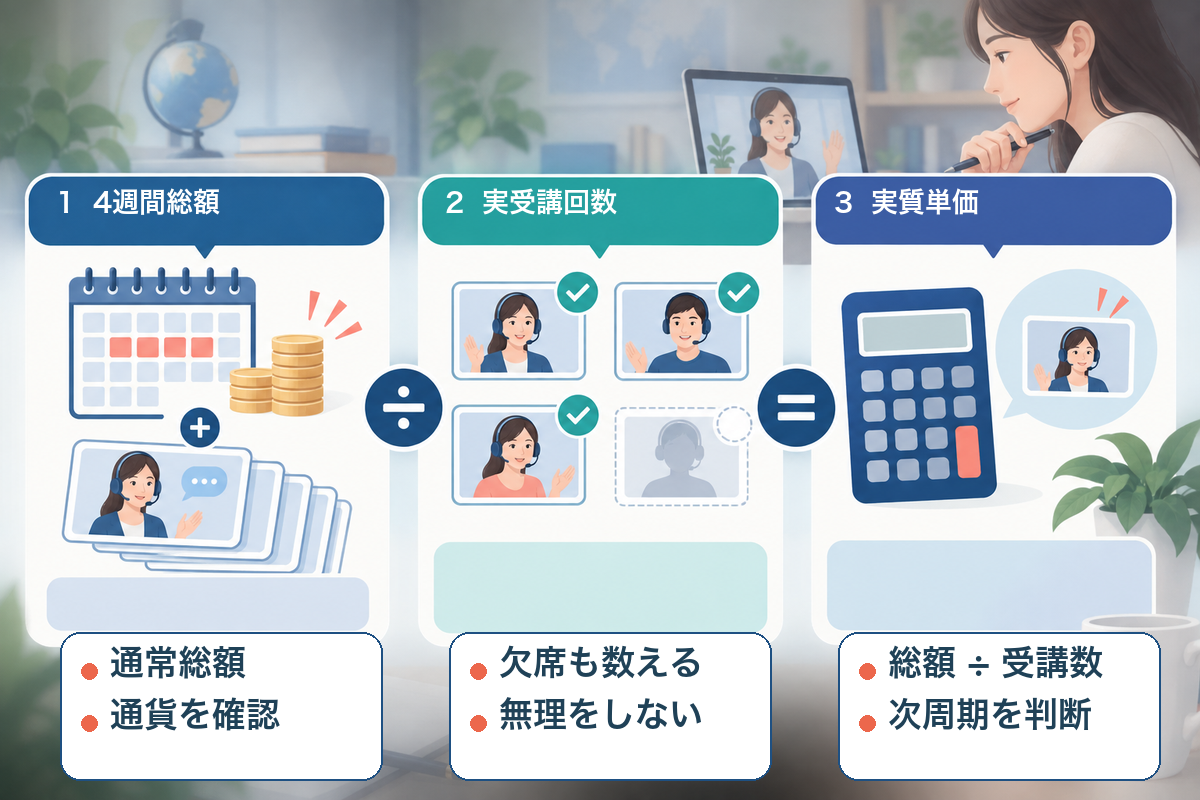 4週間総額を実際に受講できた回数で割り、Lingodaの実質単価を計算する流れ