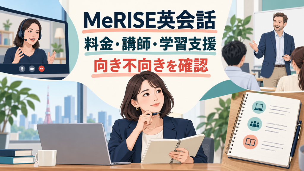 MeRISE英会話の料金、講師、学習支援から向き不向きを確認する記事のアイキャッチ