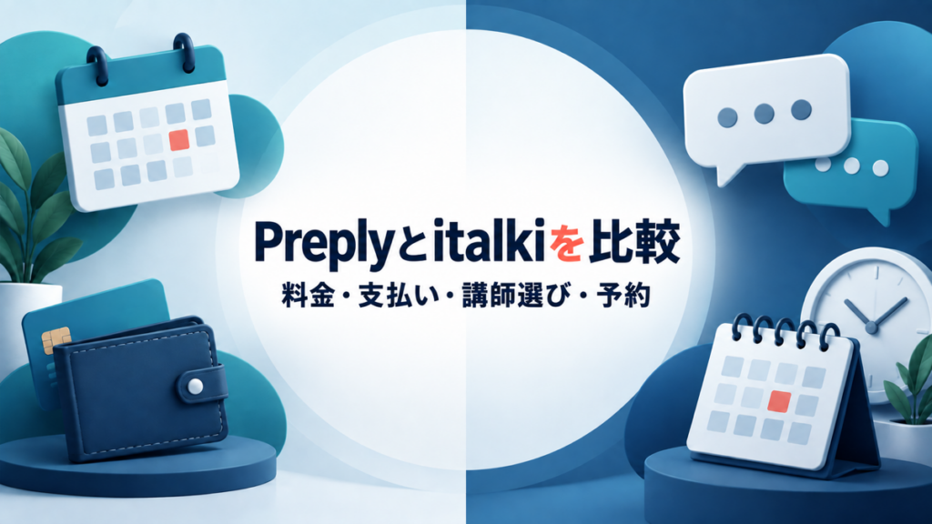 Preplyとitalkiの料金、支払い、講師選び、予約の違いを比較する記事のアイキャッチ