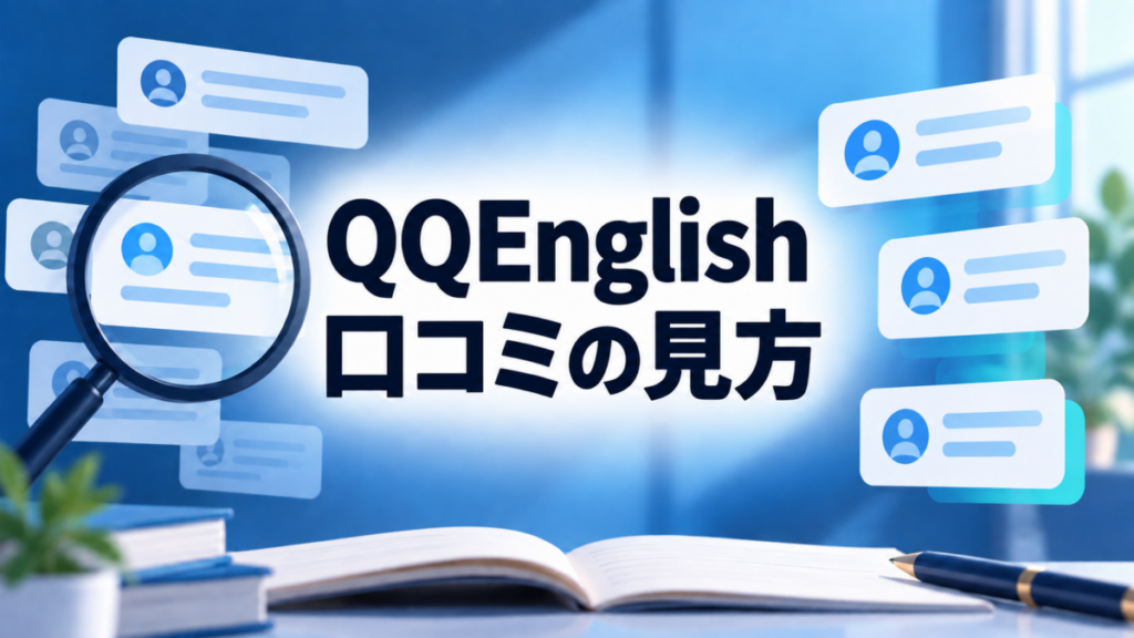 QQEnglishの口コミの見方を示す虫眼鏡とレビューカードの図