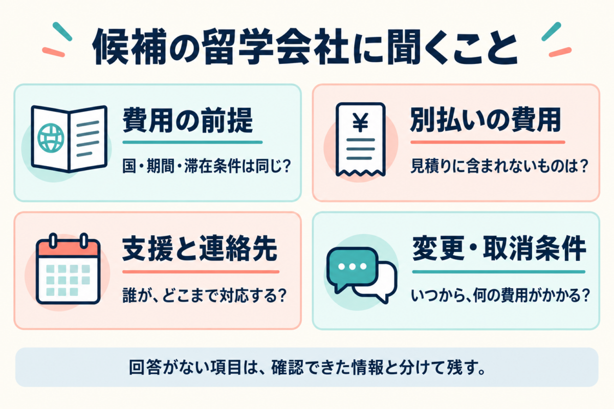 候補の留学会社に聞く見積もりの前提、別払い費用、支援と連絡先、変更取消条件を整理し、未回答と確認済みを区別するための図。