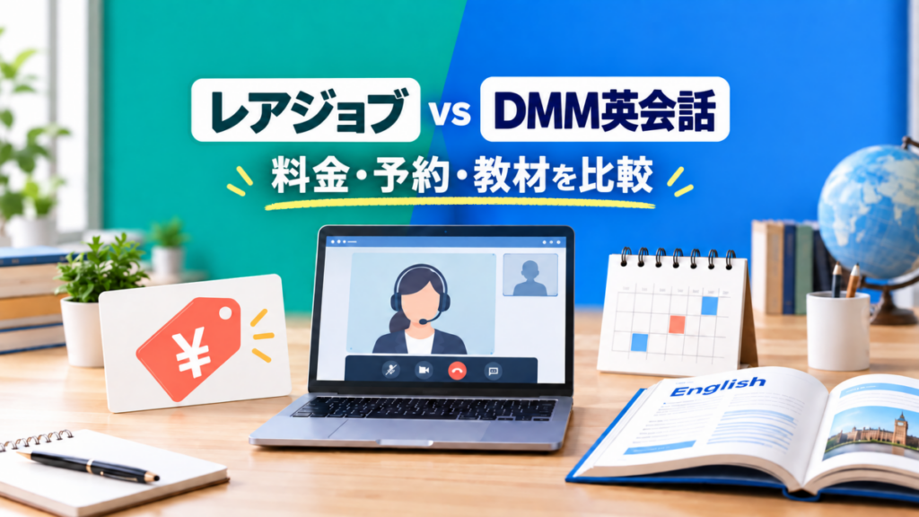 レアジョブとDMM英会話を料金・予約・教材で比較するイメージ