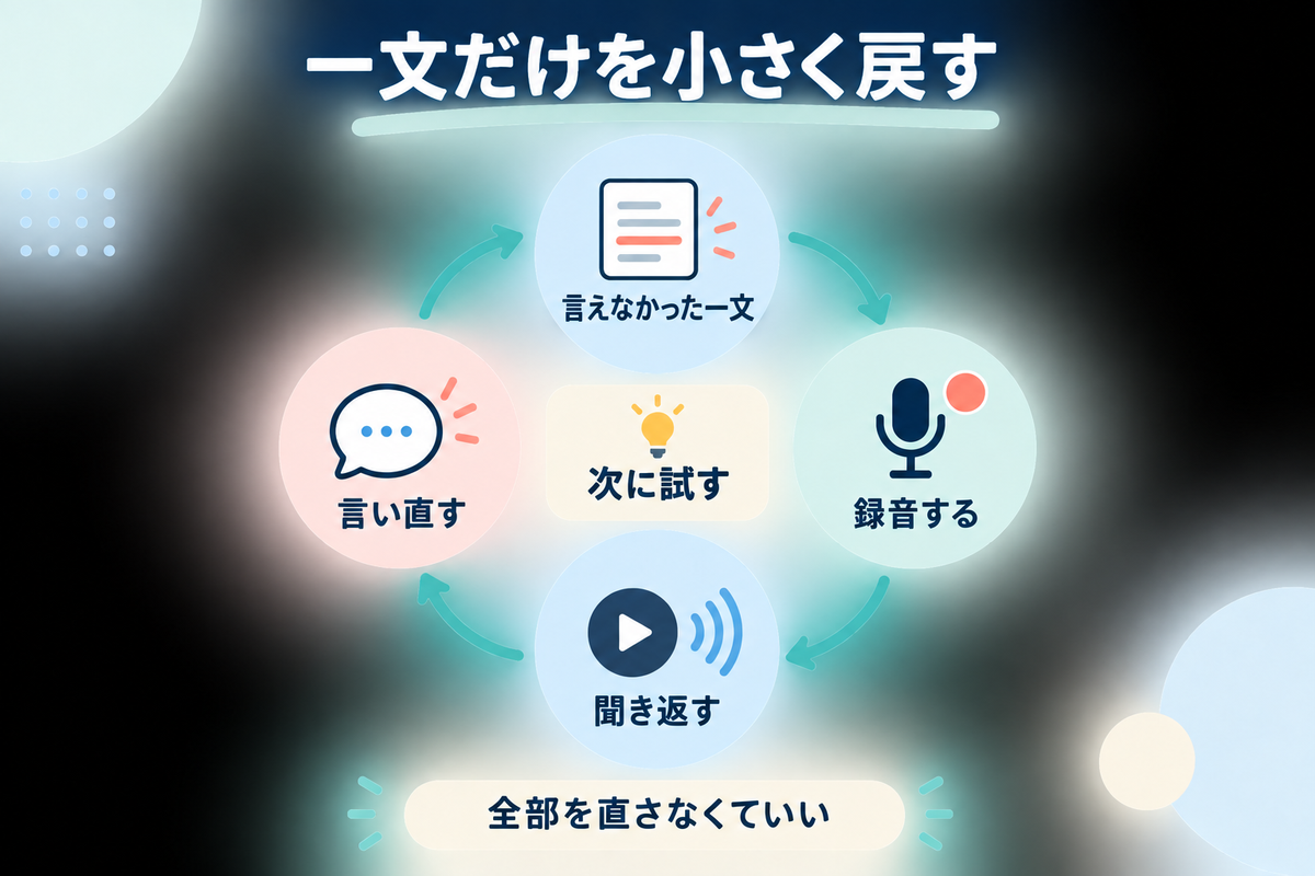 言えなかった一文を録音し、聞き返して言い直す小さな練習サイクル